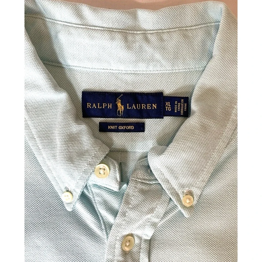 Ralph Lauren Knit Oxford‎ Shirt Mens XL Aqua Blue Short Sleeve Cotton Flesh Pony